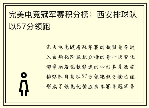 完美电竞冠军赛积分榜：西安排球队以57分领跑