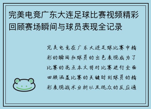 完美电竞广东大连足球比赛视频精彩回顾赛场瞬间与球员表现全记录