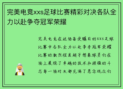完美电竞xxs足球比赛精彩对决各队全力以赴争夺冠军荣耀